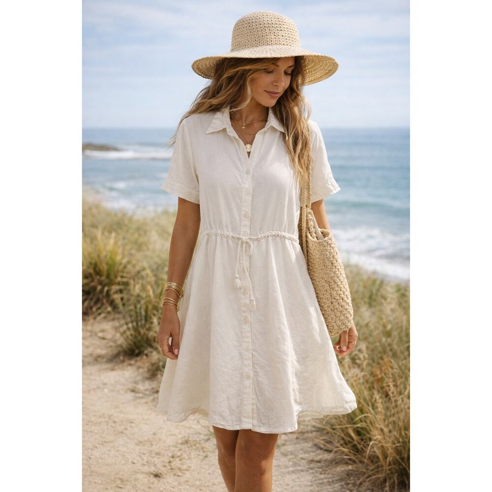Rooey Knots White Cotton Coastal Button Down Rope Waist Retro Midi Dress Size M